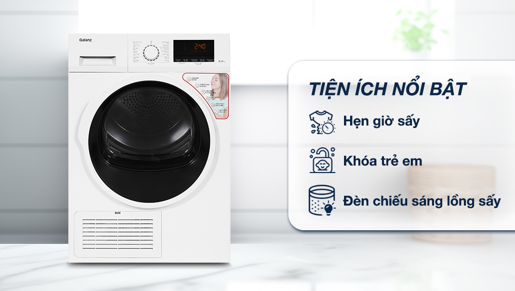 Máy sấy ngưng tụ Galanz 8 kg DC-80S5C - Tiện ích Máy sấy ngưng tụ Galanz 8 kg DC-80S5C - Tiện ích