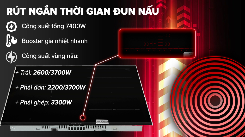 Bếp từ 3 vùng nấu lắp âm Bosch PXJ675DC1E - Công suất, kích thước vùng nấu