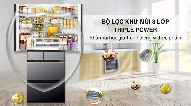 Tủ lạnh Hitachi Inverter 617 lít R-HW620RV(X) - Bộ lọc khử mùi và diệt khuẩn 3 lớp Triple Power